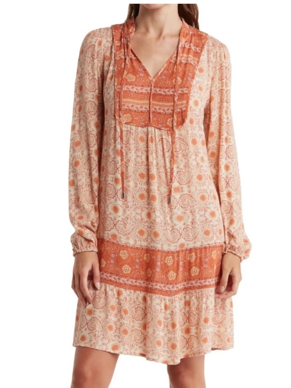 Lucky Brand Cream and Orange Paisley Long-Sleeve Shift Dress XL NWT